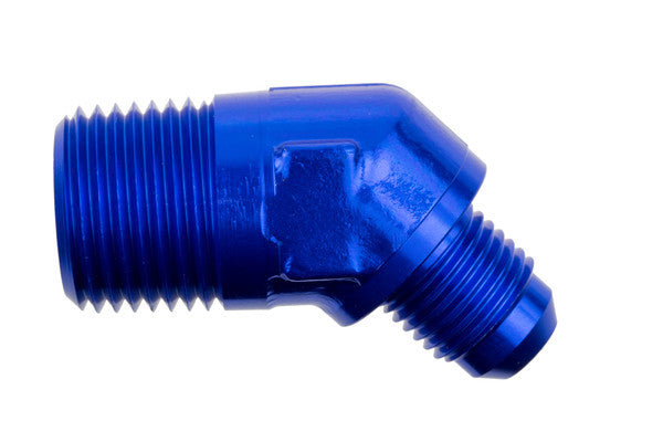 8AN 45Deg Male Adapter to 3/8in NPT Male Blue